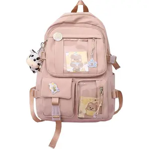 Cute Backpack with Cute Pin Accessories Plush Pendant for School Bag Student Girl Backpack Super-Capacity  Travel Backpack(Pink-2)