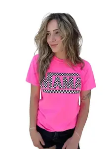 Checkered Mama Tee - SAFETY PINK T-Shirt with Bold Checkerboard Design for Women