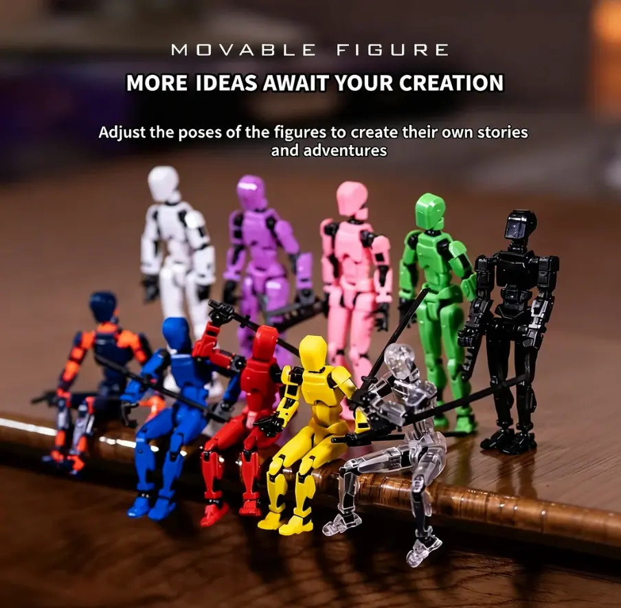MerryXD 6-Pack Pre-Assembled 3D Printed T13 Unisex Full Articulation Multi-Jointed Action Figure Dummy - Manual Nova Titan Lucky 13 Fantasy Creature Toy, All Black, Blue and Orange, 3 Hand Pose Sets, 4 Weapons Each, Self-Build Compatible, Bold Colors