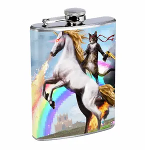 Black Cat Riding a Unicorn Rainbow 8oz Stainless Steel Flask Fun