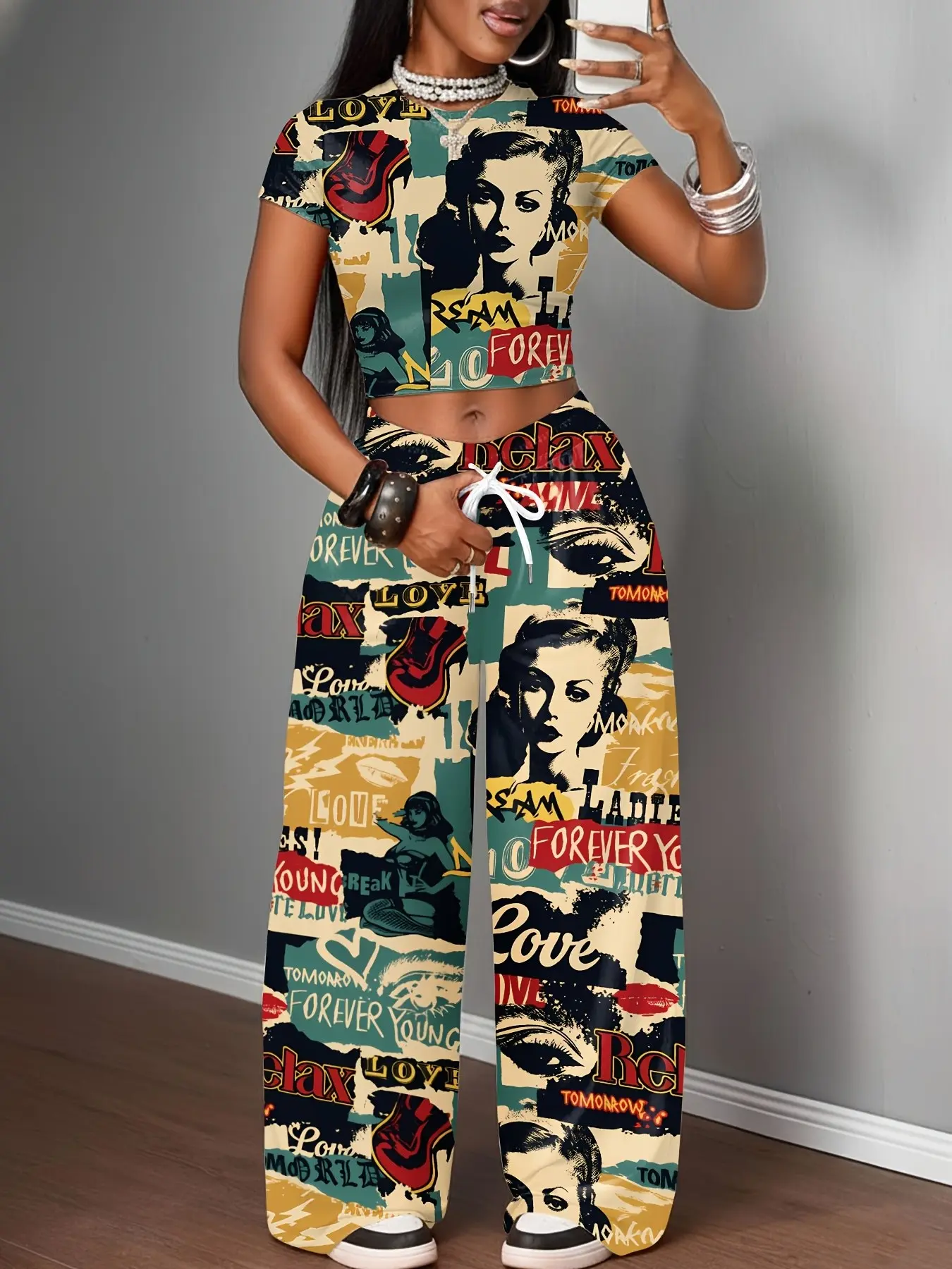 Y2K Streetwear Outfits Set, Graffiti Print Top & Wide Leg Pants, Fitted Short Sleeve Tee, Crop Top, Urban Fashion Trend, Clothes, Perfect for Running & Photoshoots, Womenswear