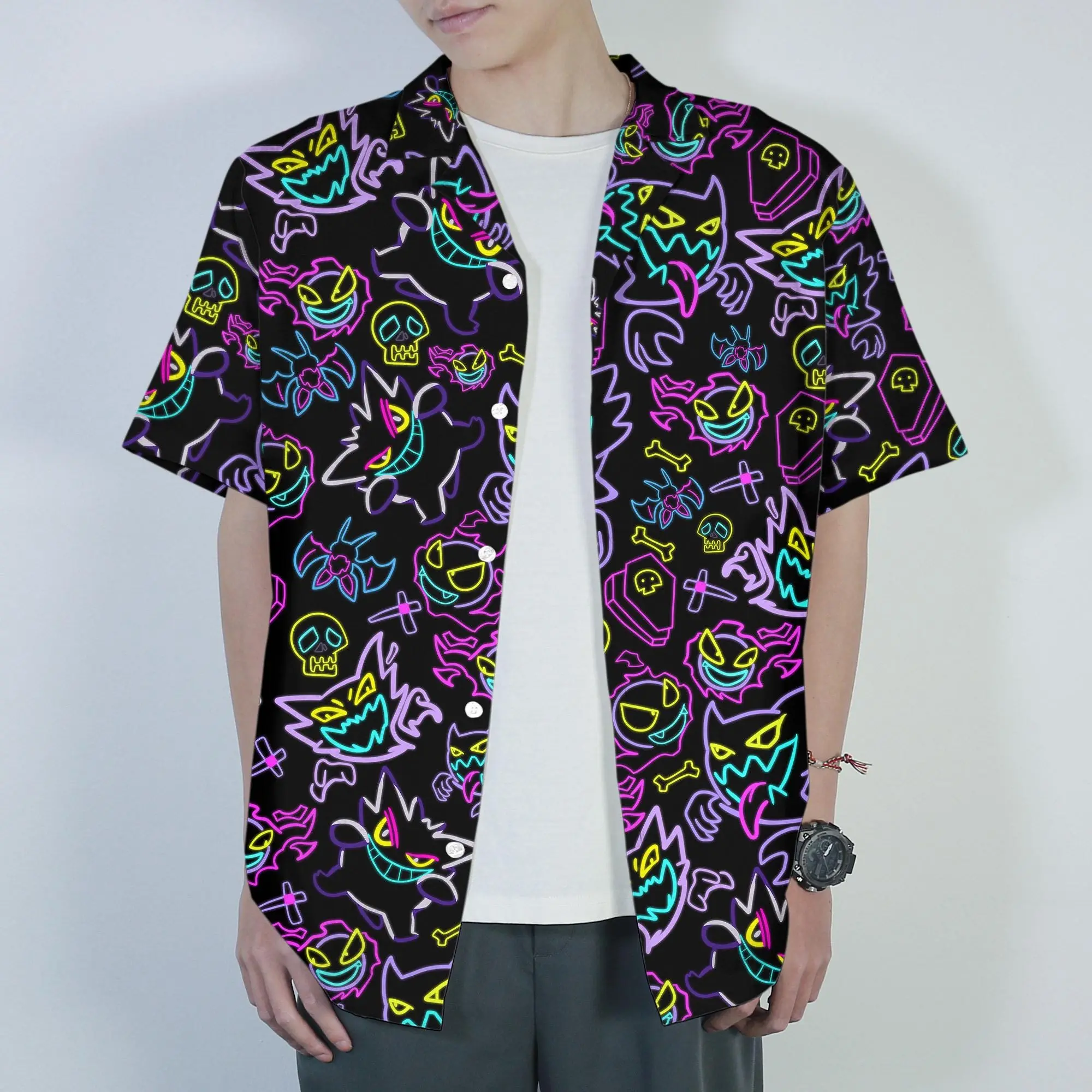 Gengar Hawaiian Shirt Tropical Button Up HG Shirt Summer Beach Short Neon Ghost Pattern Matching Set Unisex Outfit Gengar Shirt Gifts