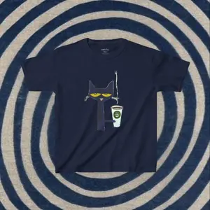 Pete the Cat Drinking Coffee Baby Tee Teacher Aesthetic Tee Childrens Book Tshirt Retro Storybook T-Shirt Grumpy Teacher Funny