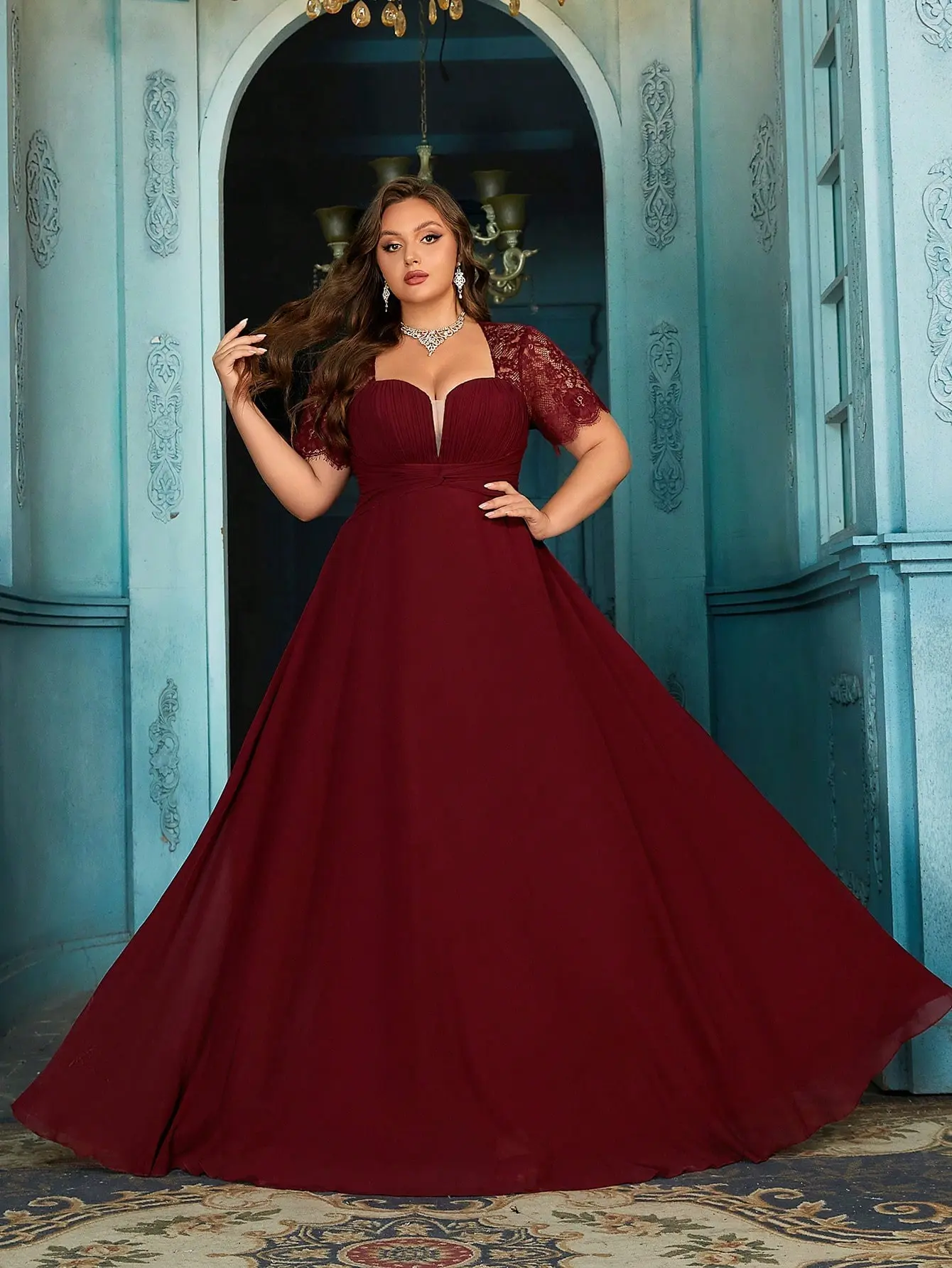 Women's Plus Size Burgundy Lace Chiffon Evening Gown - Sweetheart Neckline Short Sleeve Maxi Dress for Wedding Guest, Prom, Banquet