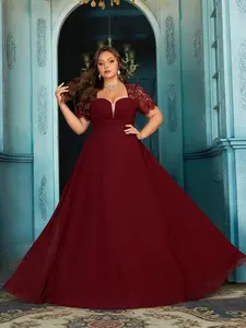 Women's Plus Size Burgundy Lace Chiffon Evening Gown - Sweetheart Neckline Short Sleeve Maxi Dress for Wedding Guest, Prom, Banquet