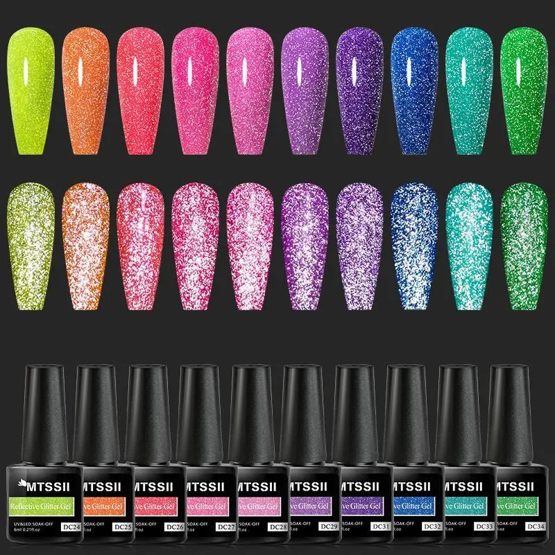 MTSSII Neon Reflective Gel Nail Polish Set, 10pcs Sparkling Holographic Fluorescent Gel Polish, Gel Shine Finish, Soak Off UV LED Gel Varnish for Nails Manicure Salon, DIY Manicure, Nail Art, UV Light Gel