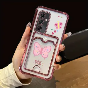 A56 Shockproof Transparent Plating Phone Protector Case Compatible With for Samsung Galaxy A56 Cute Love Heart Pink Butterfly Case Cover for Popular Cover