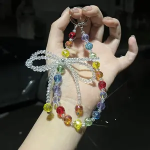 Crystal Phone Wrist Strap Phone Charm Chain Keychain Beaded Cellphone Lanyard with Tether Tab Hands-Free Wristlet Bracelet Wrist Grip Strap for Women