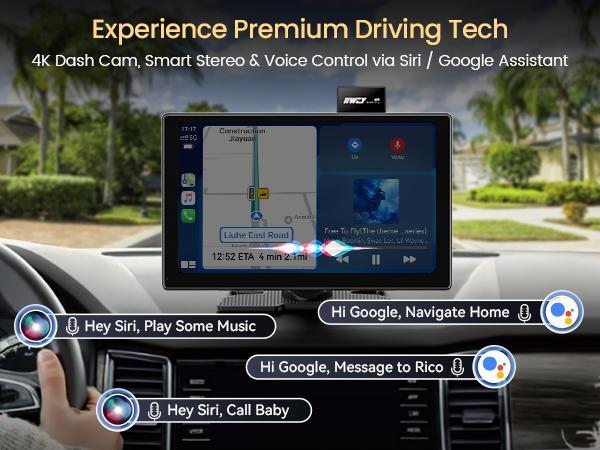 IK9 9" Wireless CarPlay & Android Auto Screen, Portable Car Stereo with 4K Dash Cam & 1080p Rear Camera, CarPlay with Backup Camera, Touch Screen GPS Display, Mirror Link, Apple Car Play Screen, Free 64GB