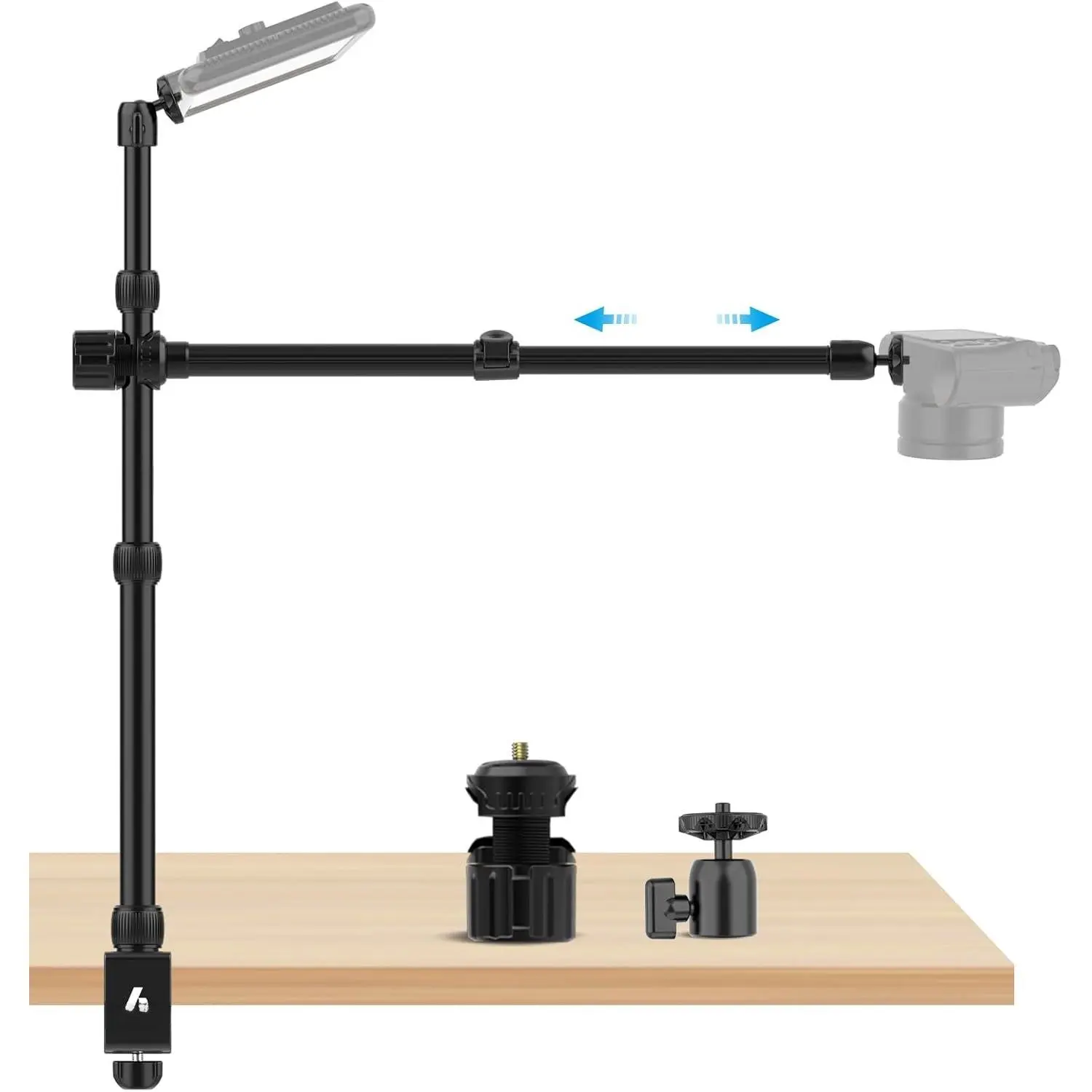 Overhead Camera Mount Desk Stand, 15.75"-33.45" Webcam Mount with 2-Section Adjustable Telescopic Boom Arm, C Clamp/Swiveling Ball  for DSLR Camera, Ring Light, Webcam