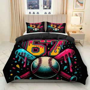 3PCS Decorative Duvet Cover Set, 1 Duvet+2 Pillowcases(Without filler), Baseball Art Colorful Graffiti Modern Urban theme, Holiday bedding set, Vibrant design Suitable for decoration bedroom, hotel, loft, apartment
