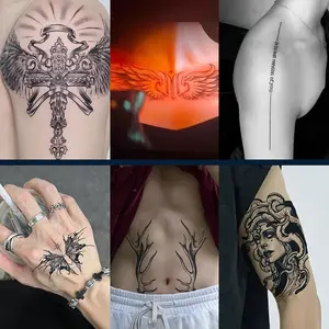 6 herbal tattoo stickers, including antlers, Medusa, English, wings and other element styles, lasting 7-15 days, waterproof and friction-resistant, the effect is real, suitable for people who are afraid of pain and do not want to get tattoos