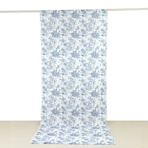 French Toile Backdrop Curtain – 5ft x 12ft Polyester Drape Panel, Blue Floral, Rod Pocket Design
