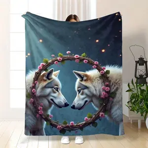 1pc Large Boho Wolf Weighted Blanket - Thick Flannel Bedspread Suitable, Cozy Warm Bedspread &, Turquoise Wolf Howling At Moon Design, All-Season Couch Bed Sofa Blanket, Weighted Bedspread