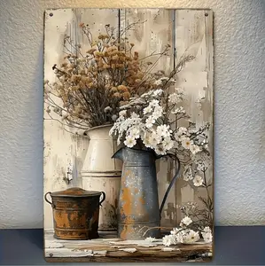 Vintage Floral Iron Wall Art 2D Flat Rectangular Decorative Sign With Plant Theme For Home And Courtyard 20x30cm 8x12inch