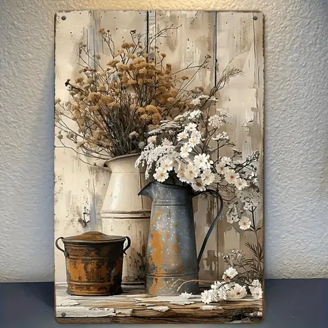 Vintage Floral Iron Wall Art 2D Flat Rectangular Decorative Sign With Plant Theme For Home And Courtyard 20x30cm 8x12inch
