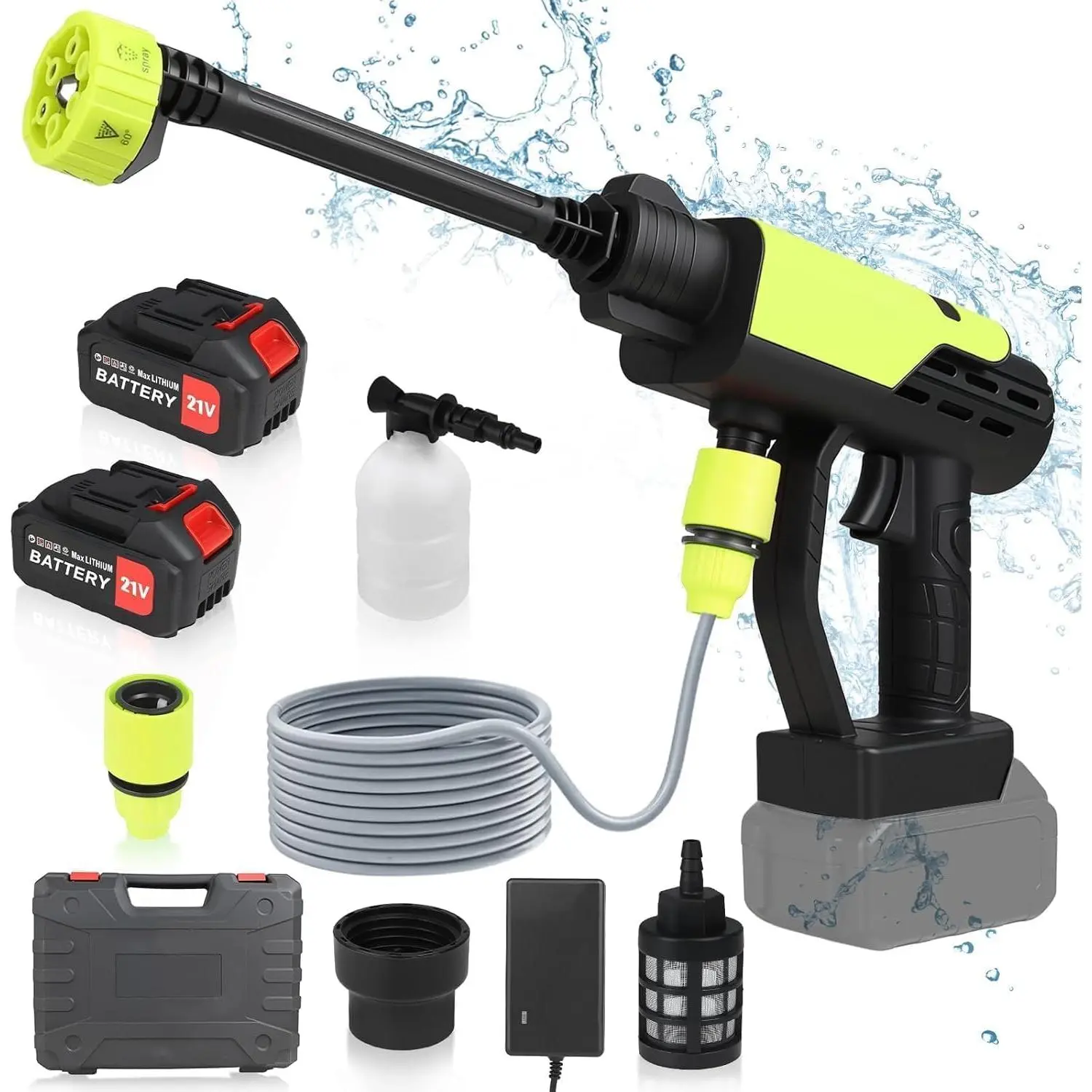 Cordless Handheld Pressure Washer - 1000 PSI, 2 x 4000mAh Rechargeable Batteries, Electric Wand with 6-in-1 Adjustable Nozzle, Attachment for Home, Car Cleaning, Pressure Washer Handheld