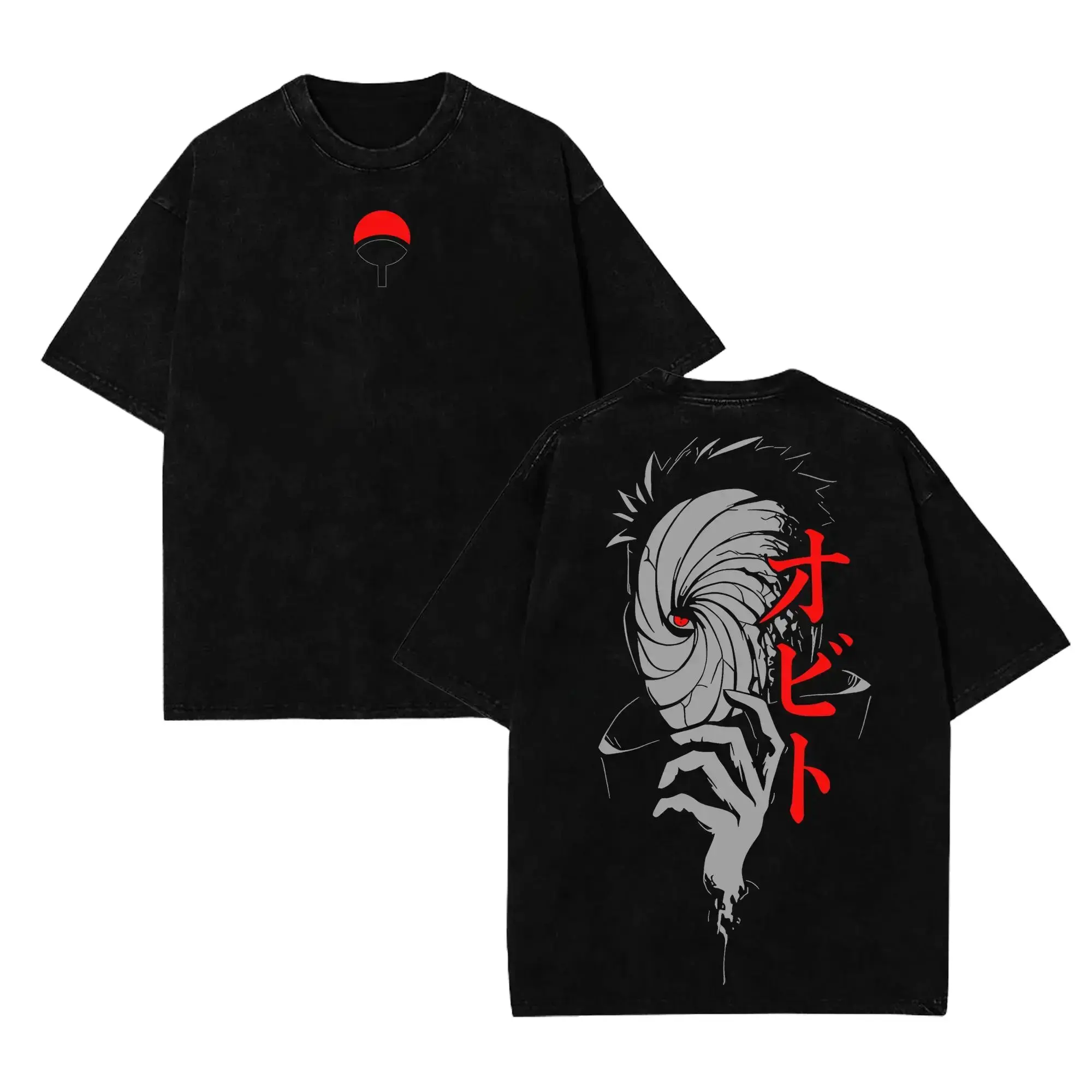 Men's Oversized Obito Uchiha Anime Graphic T-Shirt - Unisex 230gsm Pre-Washed Soft Washed Cotton Short-Sleeve Seamless Streetwear Casual Top, Hang Dry Apparel, Naruto Obito Graphic Men's Short-Sleeve T-Shirts, Graphic Print