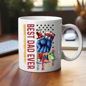 Custom Best Dad Ever  Mug , Father's Day Fist Bump Mug , Super Dad and Children Hands  Mug, America Flag