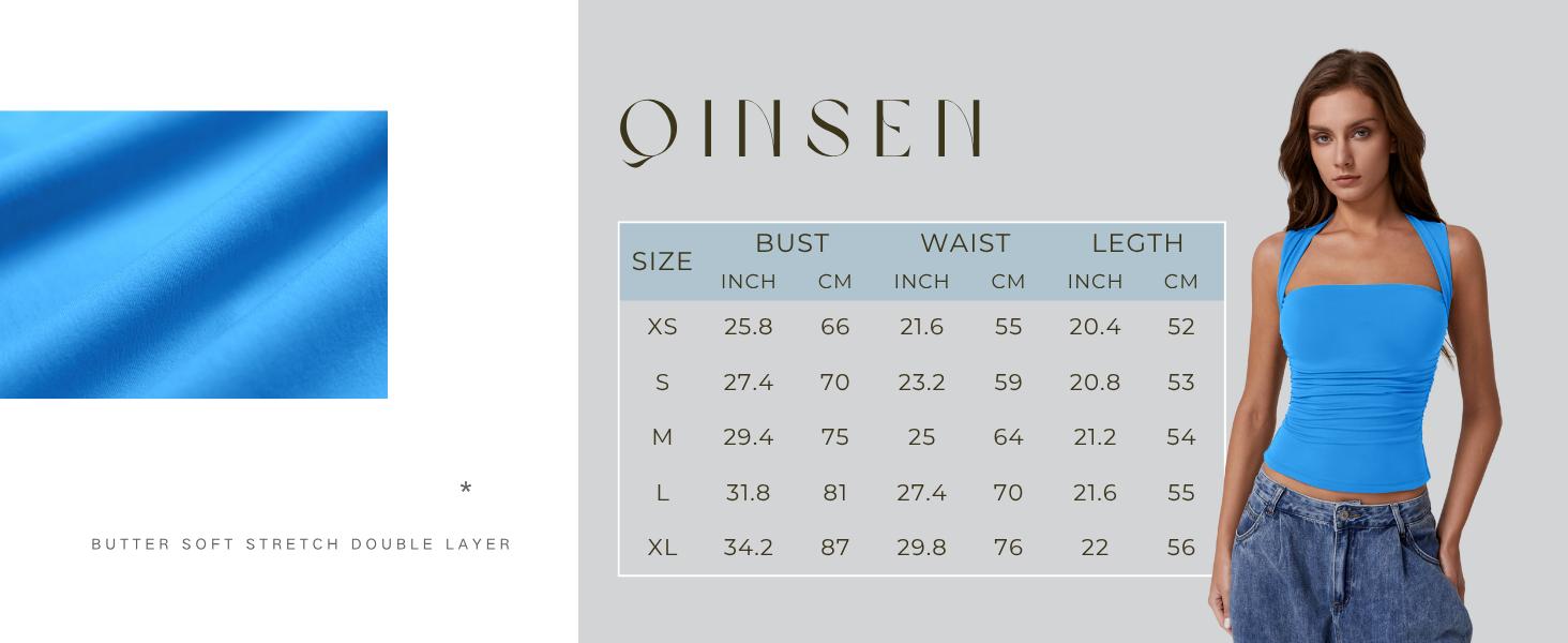 QINSEN Womens Square Neck Tank Tops Side Ruched Double Lined Slim Fit Summer Going Out Crop Top