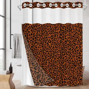 1pc hookless shower curtain with buckle lining, orange background with black leopard print design, 2D flat printing, fabric waterproof lining, see-through double-layer shower curtain, 71 x 74 inches, modern home draping curtain.