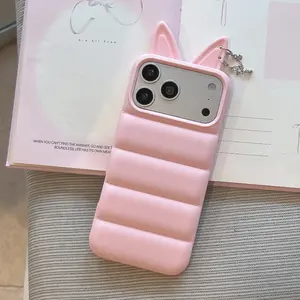 New Cat Ear Phone Case with Earrings For iPhone 17 16 15 14 13 Pro Max Fashion Protective Case Cover