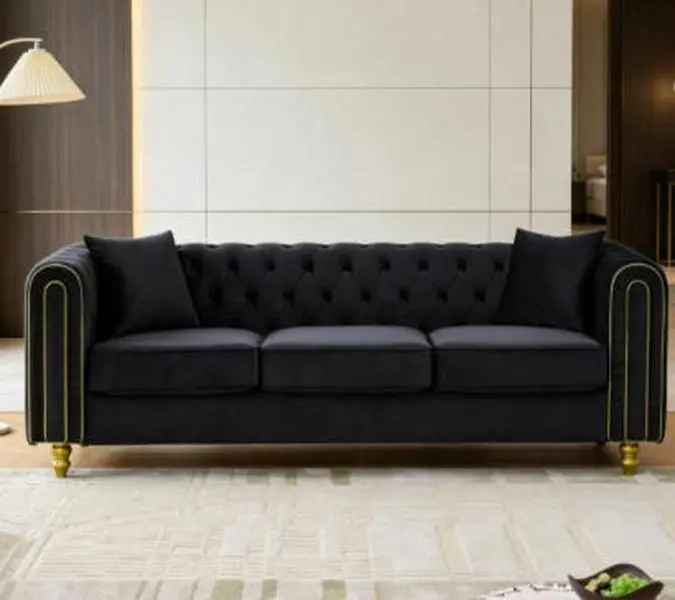 3-Seater Modern Corduroy Chesterfield Loveseat Sofa - Comfy Velvet Couch with Button Tufted Design, Rolled Arms, Gold Legs for Living Room Family Furniture