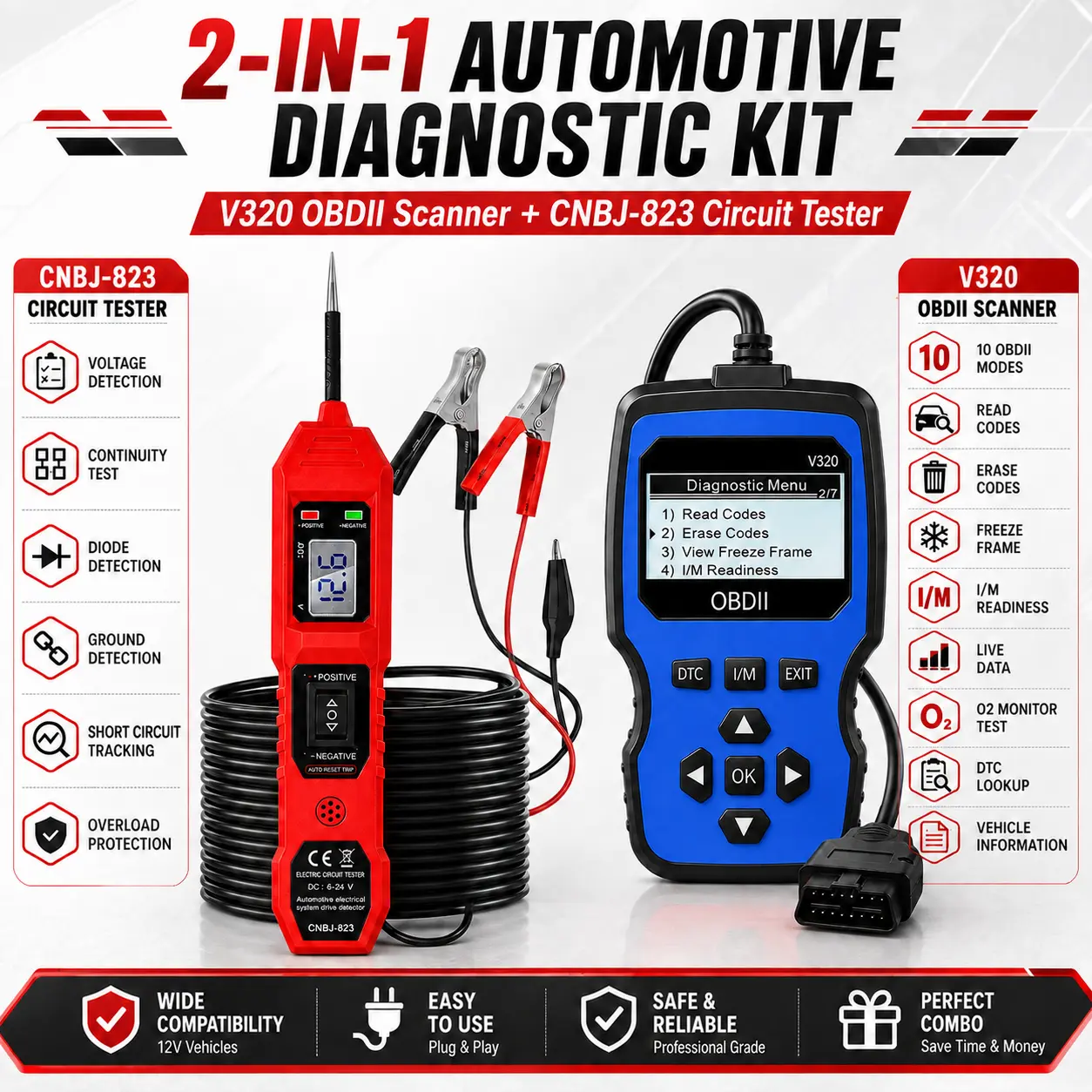 2PCS V320 OBDII Diagnostic Scanner & CNBJ-823 Automotive Electrical Tester, Engine Code Reader Reset Tool with Digital Voltage Test Probe