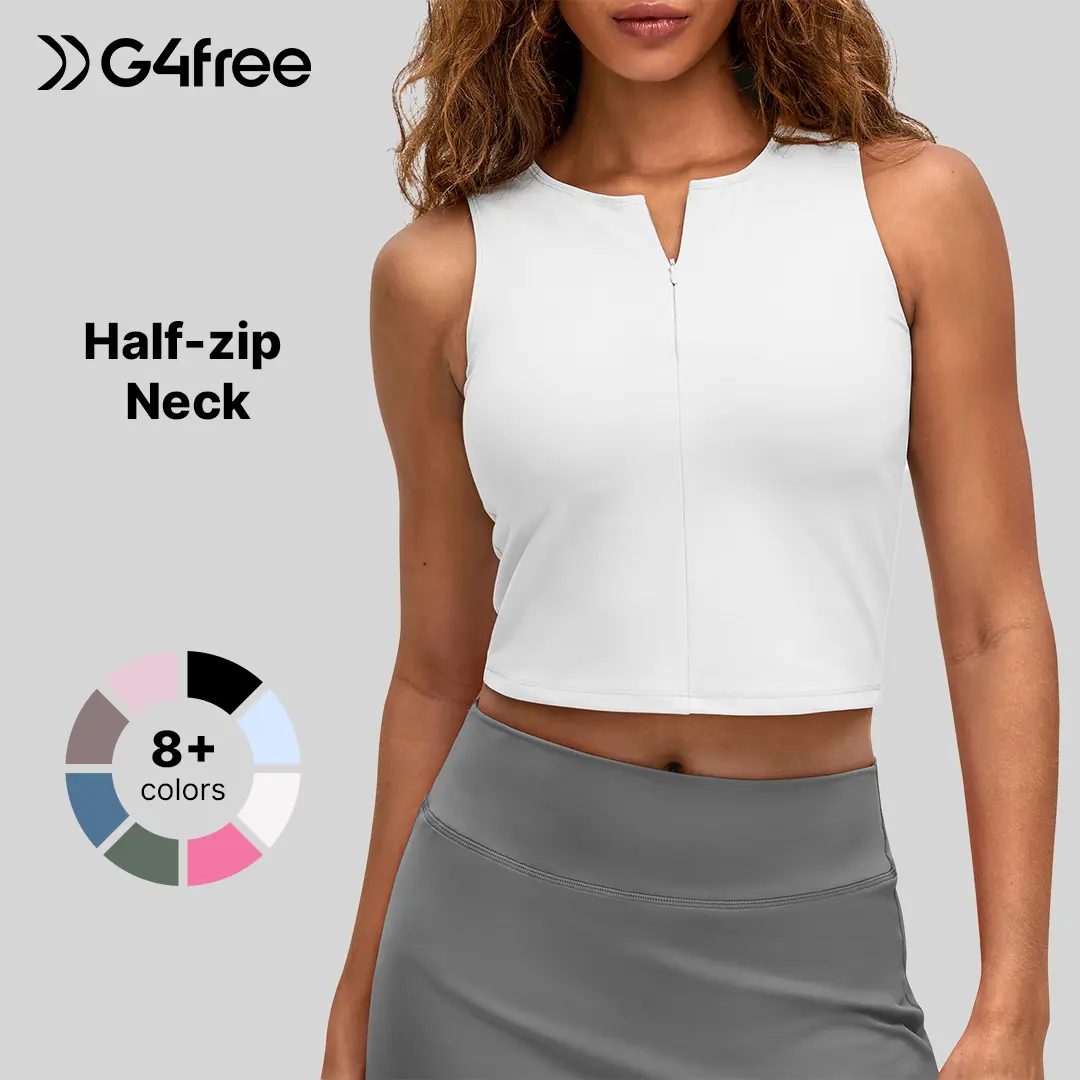 G4Free BareFeel Womens Cropped Tank Tops Half Zip Workout Athletic Shirts Sleeveless for Gym Tennis Slim Fit