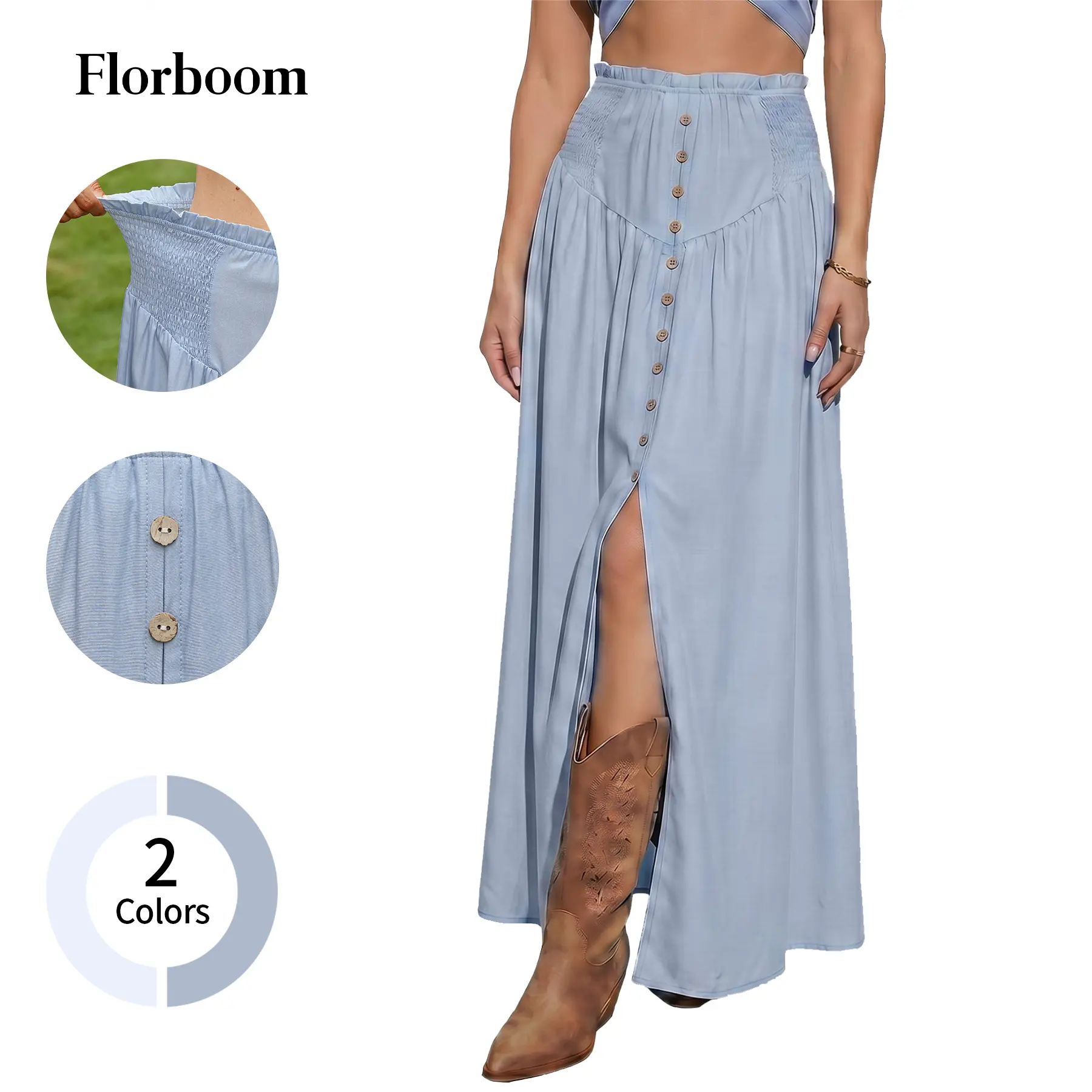 Chicovar Women‘s Smocked Waist Button Maxi Skirt, Flowy A-Line Western Style , 2026 Trendy Coastal Cowgirl Trend, Summer Vacation & Travel Wear
