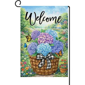 12x18 Inch Hydrangea Flower Basket Welcome Spring Garden Flag Seasonal Outdoor Decor Double Sided Polyester Yard Flag for Yard Porch Lawn Entryway