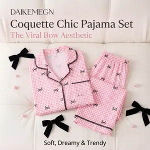 DAIKEMEGN Coquette Chic Pajama Set - Soft Long Sleeve Button Down with Bow Pants - Aesthetic Pink - Ultra-Soft Fabric - Trend-Alert Coquette Print - Birthday Gift - Comfy Home Wear - Loungewear Nightwear - Womenswear Homewear