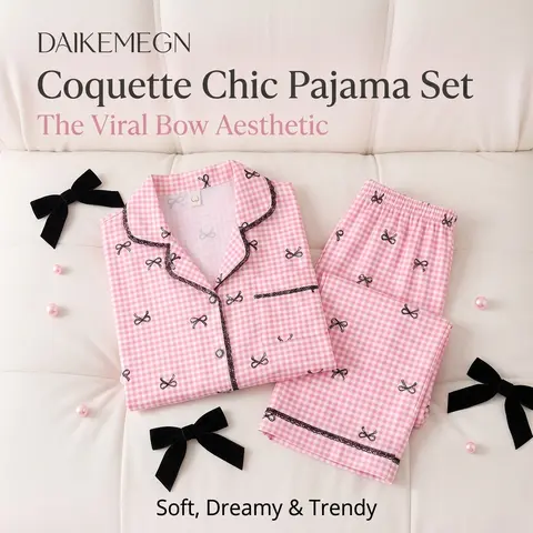 DAIKEMENG Women's Coquette 2-Piece Pajama Set - Long Sleeve Button-Down Top & Pants, Blush Pink Heart Print Ultra-Soft Lightweight Loungewear, All-Season Birthday Gift Nightwear