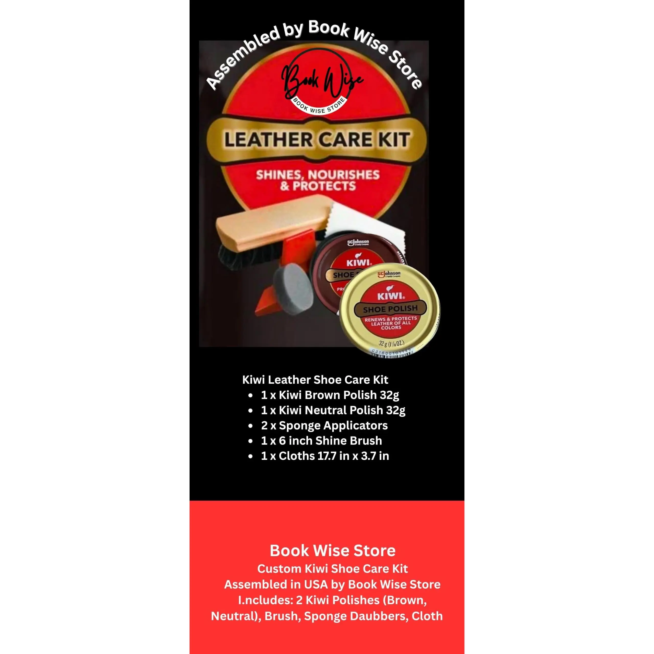 Shoe Shine Kit with KIWI Brown and Neutral Shoe Polish 32g each, 6 Inch Shine Brush, 2 Sponge Daubers and Shine Cloth, Assembled by Book Wise for Leather Shoes and Boots