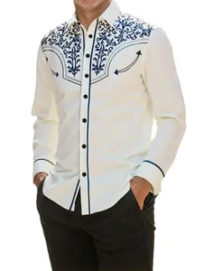 Men's Blue Pellis Pattern Long Sleeved Lapel Shirt, Autumn Business Casual Wear, Fitted Ethnic Design, Spring & Fall Fashion Top