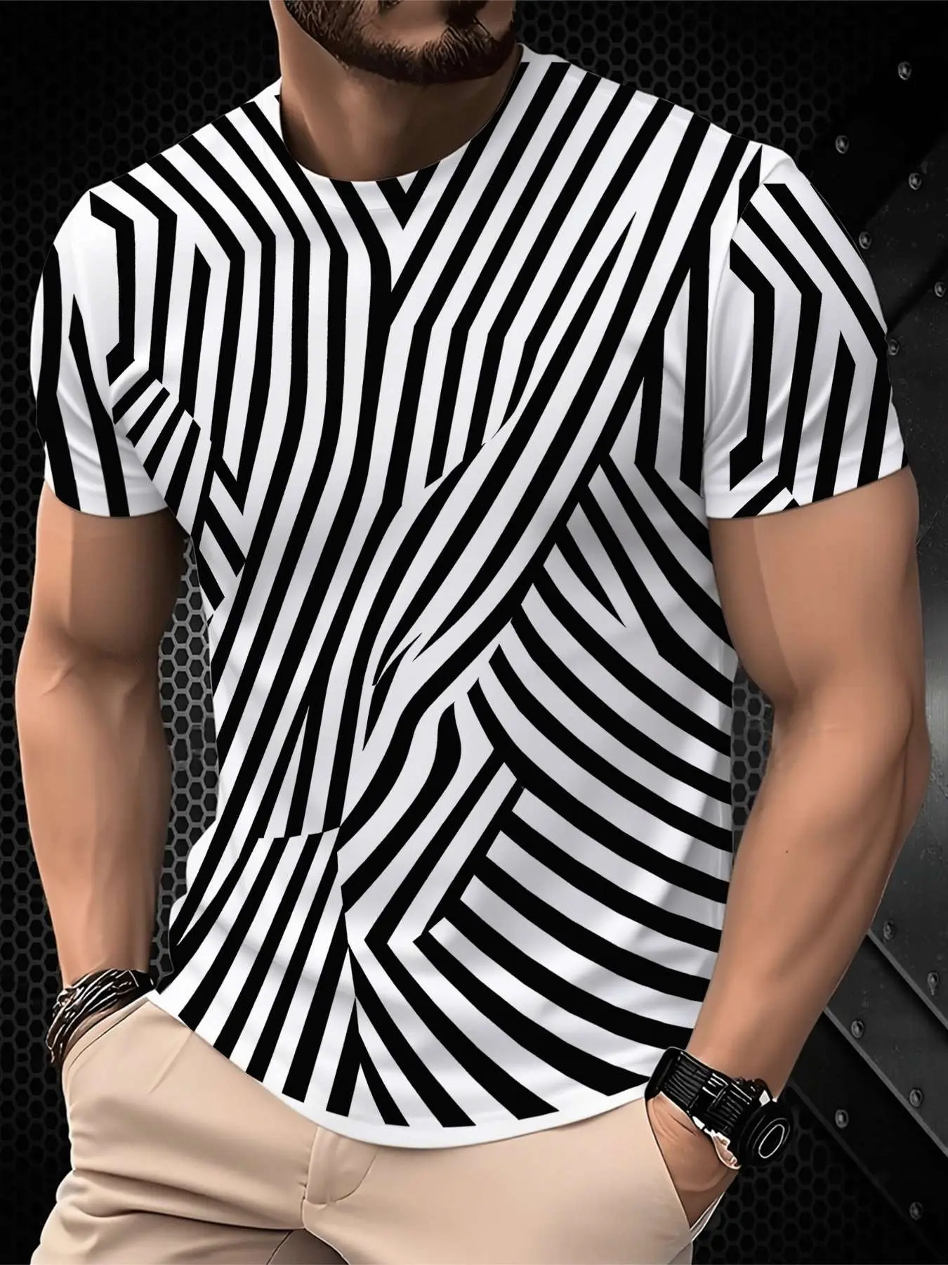 Men's Printed Striped T-Shirt - Black/Gradient Multi-color Trendy Top, Round-neck Short-Sleeved T-shirt, suitable for daily wear, casual gatherings, fashionable gradient style, machine washable