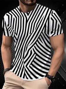 Men's Printed Striped T-Shirt - Black/Gradient Multi-color Trendy Top, Round-neck Short-Sleeved T-shirt, suitable for daily wear, casual gatherings, fashionable gradient style, machine washable