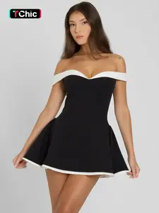 Women's Colorblock Off Shoulder Backless A Line Dress, Fashion Casual Short Sleeve Dress for Party Club Holiday, Ladies Summer Clothes, Womenswear