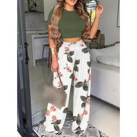 New2025Women's Two-piece Set, 2 Counts Chic Plain Crop Tee & Plicated Wide Leg Pants Set, Back To School Two Piece Set Women, Co-ord Set Summer, Summer Clothes Women(Gift)11