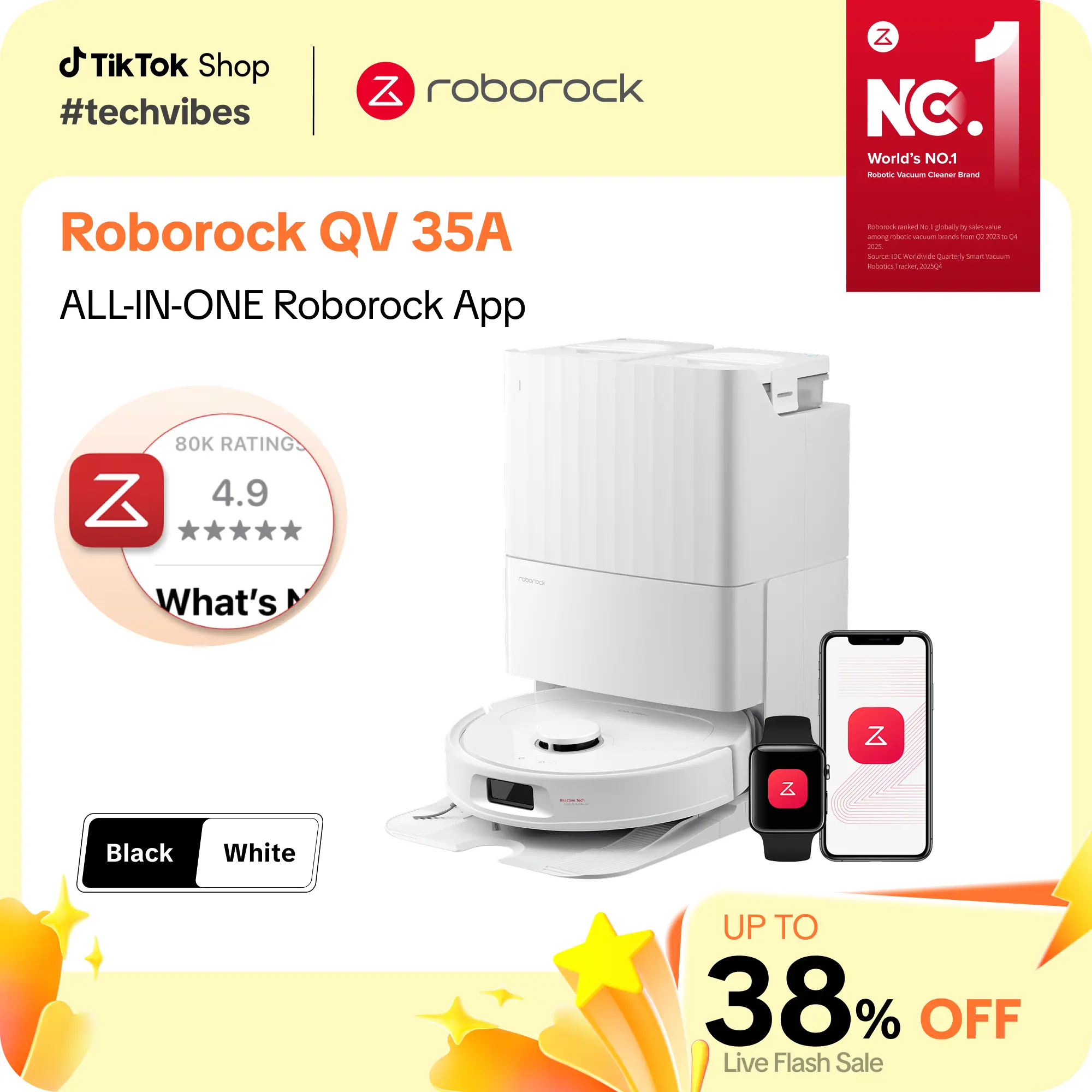 Roborock Qrevo Series QV 35A Robotic Cordless Vacuum with Auto Mopping, 8000Pa Suction, Anti-Tangle Brushes, Lidar Nav., Anti-Collision Smart Obstacle Avoidance, 200RPM Spinning Mops, All-in-1 Dock #TikTokShopFallDealsForYou #TechVibes
