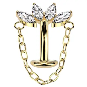 Gold PVD Quartet Dangle Clear CZ Titanium Threadless Belly Button Ring