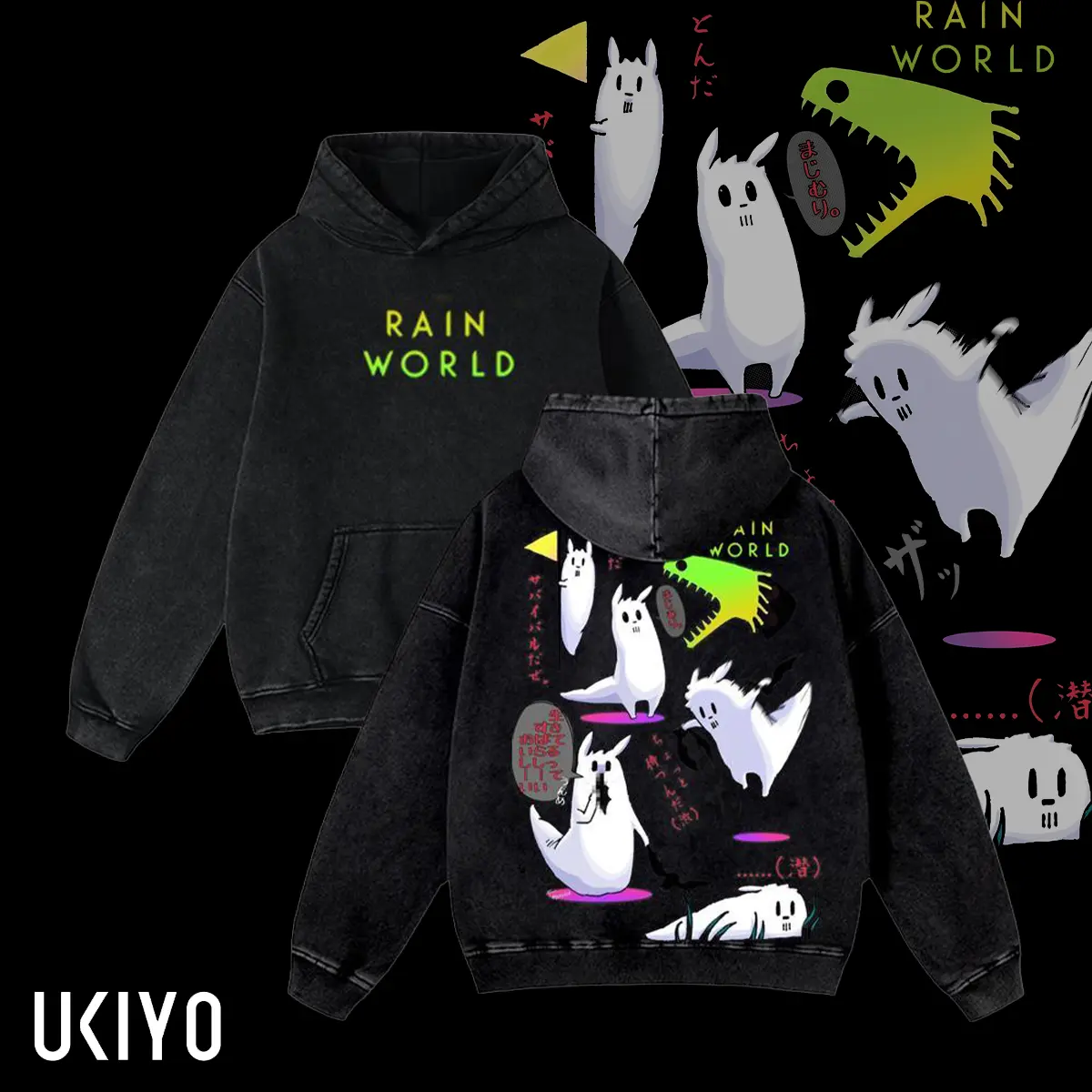 Rain World Slugcat Manga Washed Cotton T-shirt, Japanese Style Rain World Sweatshirt, Slugcat Neon Graphic Tee, Retro Gaming Double Printed Vintage Washed hoodie Tee Cotton Fabric Menswear Top