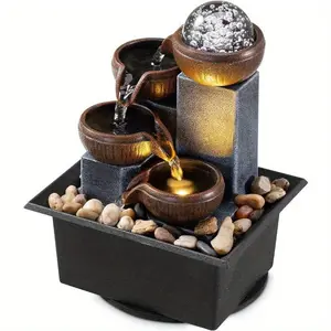 Fountain 4 Level Tabletop Waterfall Meditation Fountain Indoor with LED Lights, Includes Natural River Rocks & Fixed Decorative Bubble Ball Gift Set