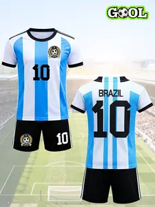 Boys' soccer number 10 jersey set features blue-white stripes and black shorts, with "FC MY LONG" badge, ideal for matches/training, recognizable and functionally designed, Football Kits