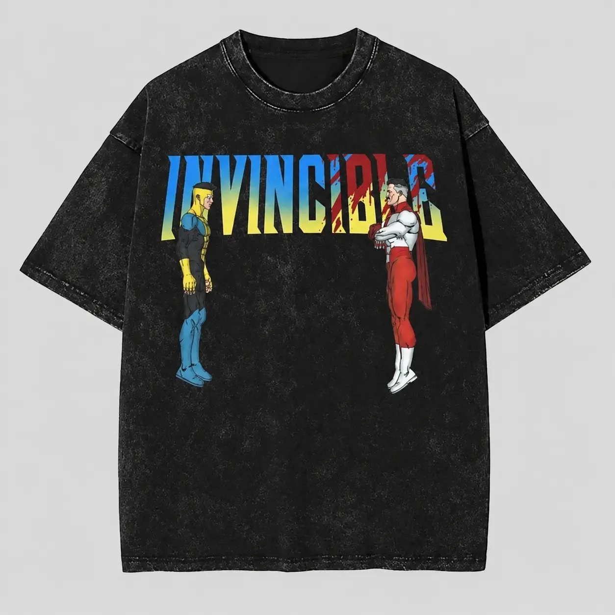 Retro Washed Invincible T-Shirt | Mark Grayson & Omni-Man Battle Graphic Tee-Washed Cotton Graphic Tee, Viral Graphic Tees, Oversized Retro Fashion T Shirt Cool Mafia Streetwear Black Tshirt clothing merch flash sale t shirt