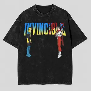 Retro Washed Invincible T-Shirt | Mark Grayson & Omni-Man Battle Graphic Tee-Washed Cotton Graphic Tee, Viral Graphic Tees, Oversized Retro Fashion T Shirt