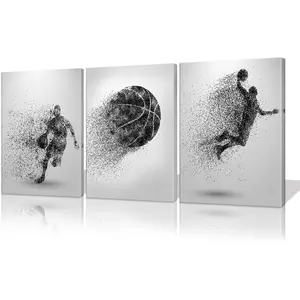 Basketball Canvas Wall Art - Black and White Sports Poster - Particle Silhouette - Set of 3 Framed Ready to Hang