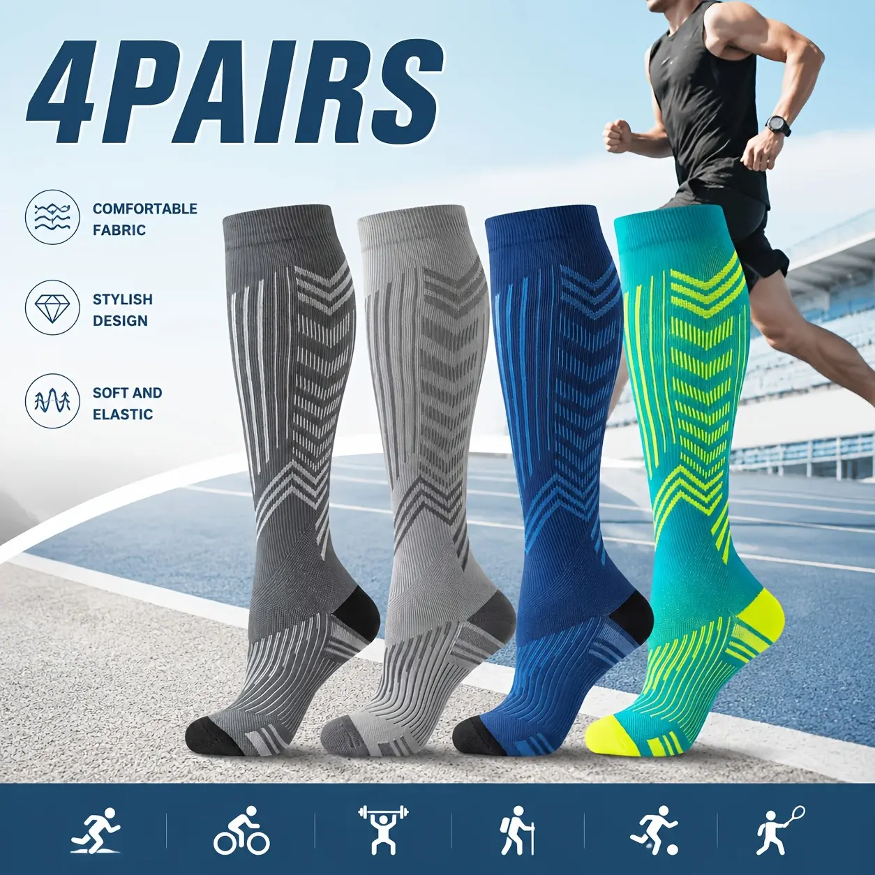 Performance Compression Socks for Men And Women 4 Pairs Knee High Athletic Socks Soft Elastic Socks for Running, Gym & All Day Wear