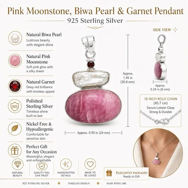 Pink Moonstone, Biwa Pearl & Garnet Pendant – 925 Sterling Silver
