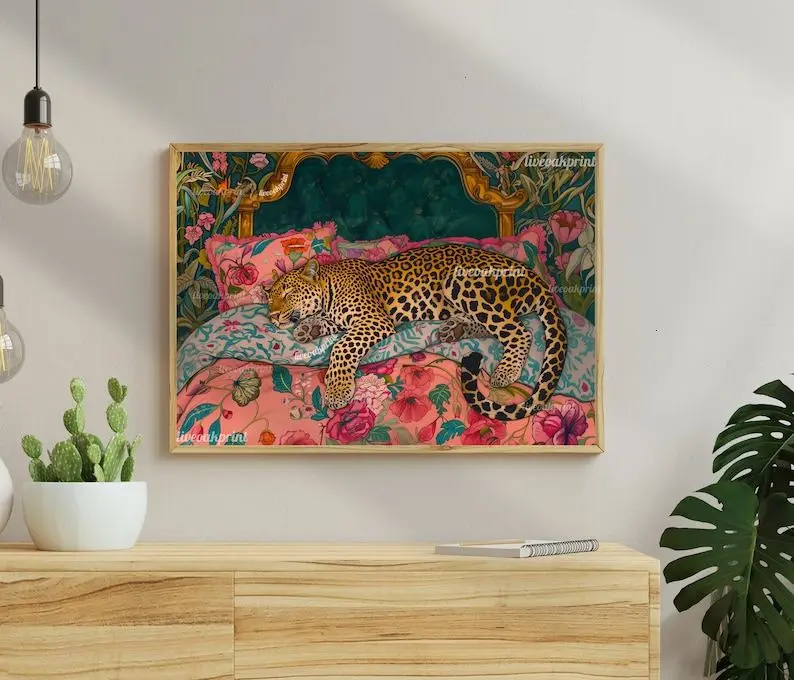 Sleepy Leopard in a Vintage Bed Print - Pink & Emerald Green Maximalist Wall Art - Jungle Bedroom Decor Sleepy Leopard in a Vintage Bed Print - Pink & Emerald Green Maximalist Wall Art - Jungle Bedroom Decor